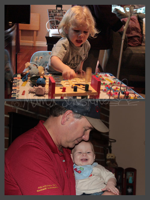 Top: Ian with the toysBottom: Uncle Kip promptly stole Baby Sid as soon as we got there