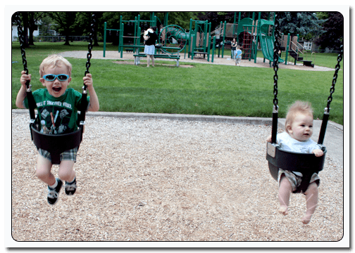 Ian loves to do things with his brother, even if it means using the baby swings